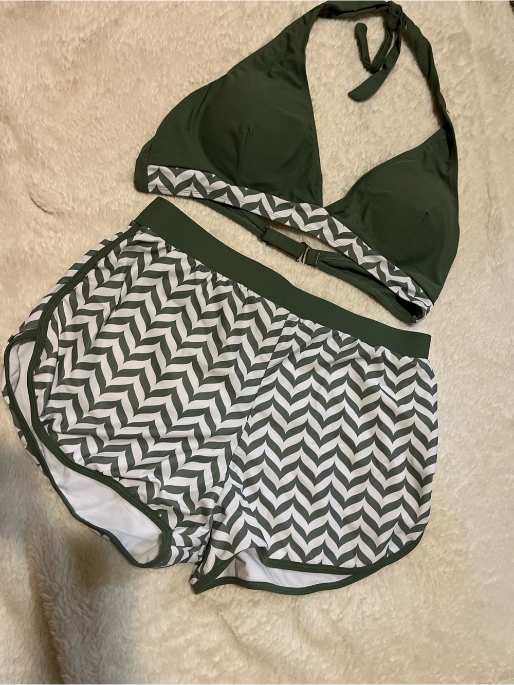 Cupshe Olive Green Chevron Bikini Top with Matching Shorts